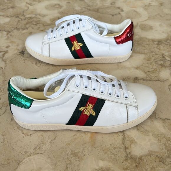 Gucci Ace Leather Sneakers Red/Green/Bee Embroidered - Picture 6 of 13